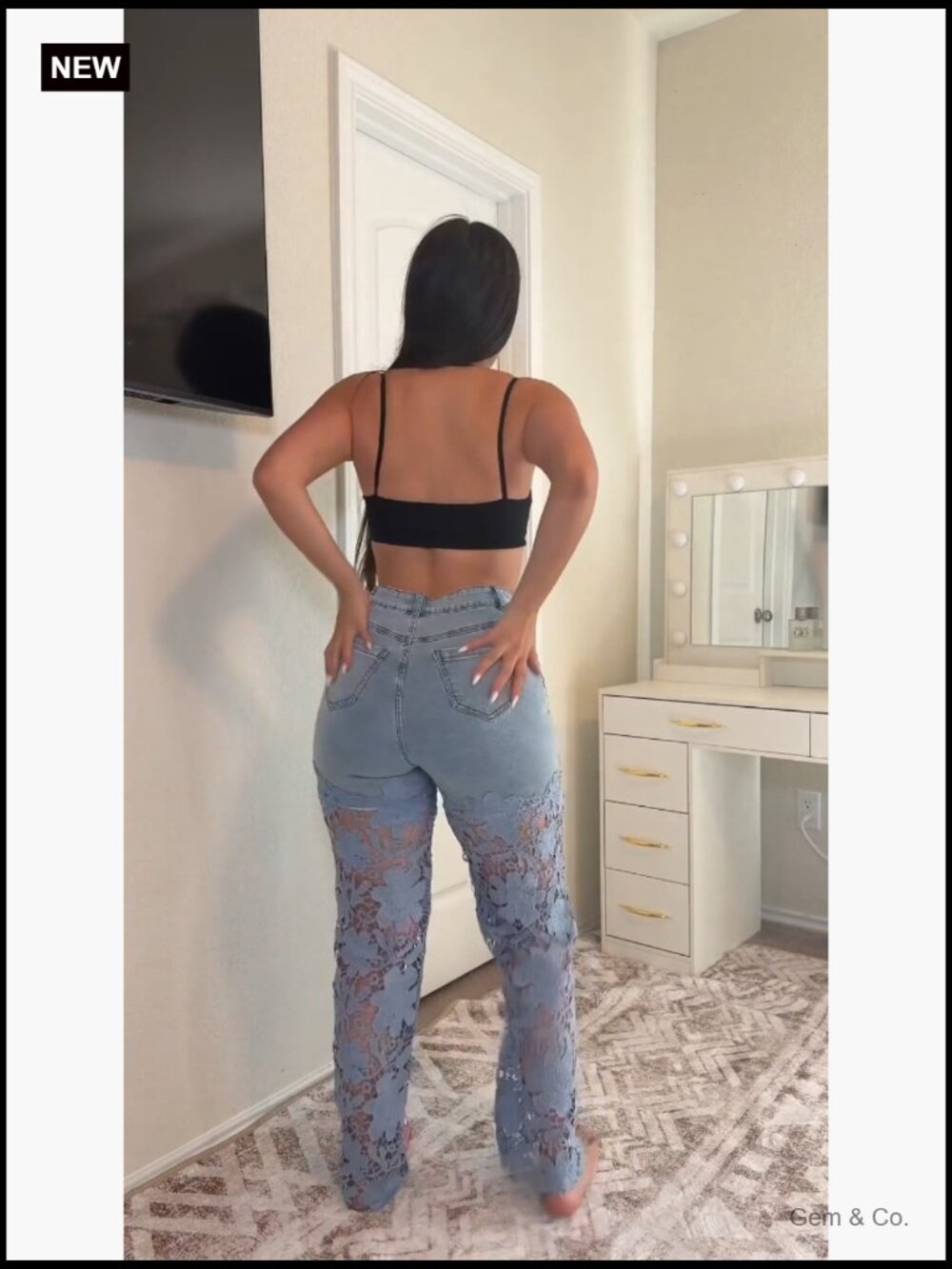 High Waist Wide Leg Jeans Lace Spliced Stretchy Pockets - Picture 7 of 7